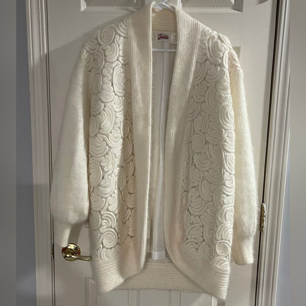 Jamie Vintage 80s Womens Ivory Cream Angora Rabbit Hair Lambswool Cardigan Small